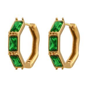 Green Zircon Small‎ Hoop Earrings Bamboo Shape 18K Gold Plated Stainless Steel